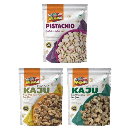 Pistachio Roasted & Salted, Kaju Masala, Kaju Salt & Pepper (Combo of 3)