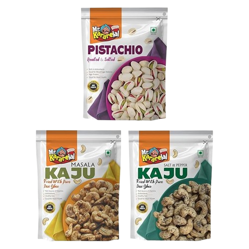 Pistachio Roasted & Salted, Kaju Masala, Kaju Salt & Pepper (Combo of 3)